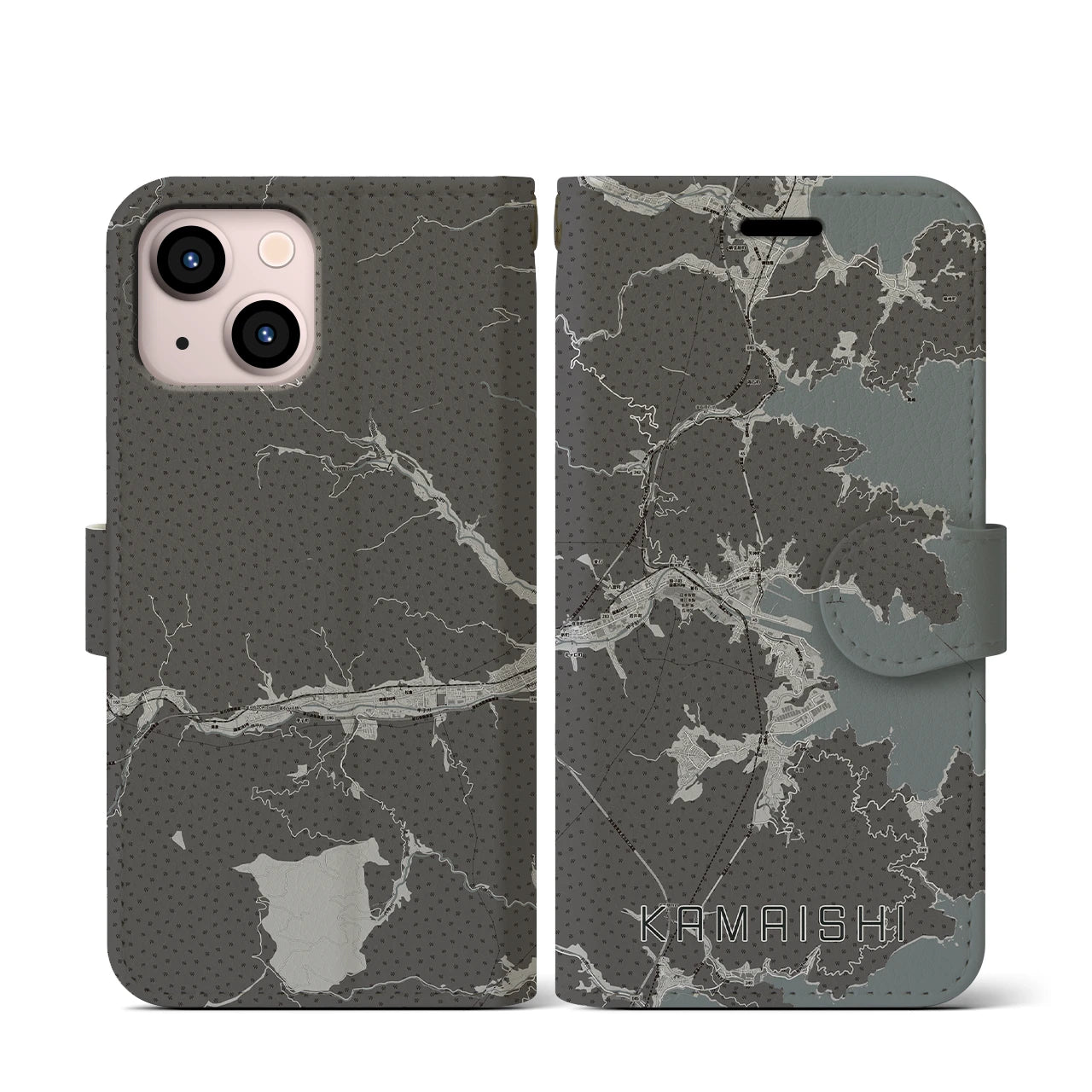 【釜石(岩手県)】地図柄iPhoneケース(手帳タイプ)モノトーン・iPhone 13 mini 用