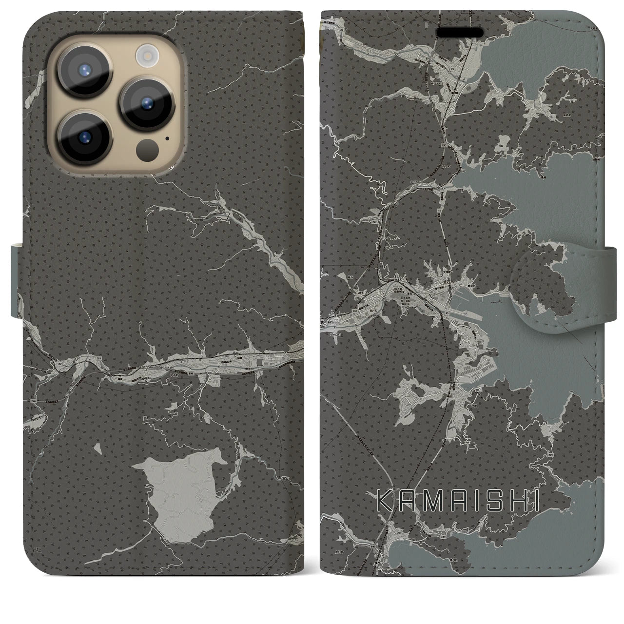 【釜石(岩手県)】地図柄iPhoneケース(手帳タイプ)モノトーン・iPhone 14 Pro Max 用