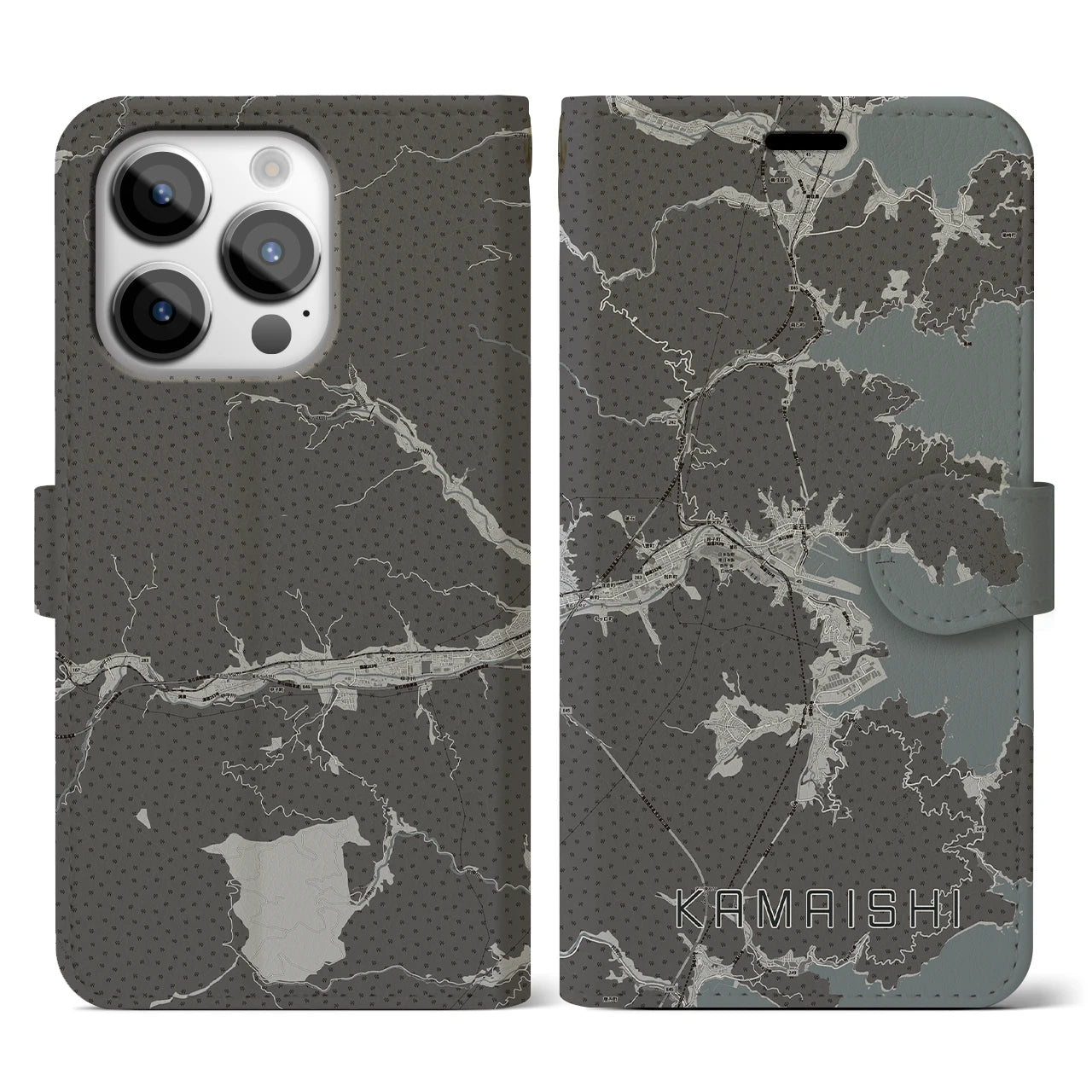 【釜石(岩手県)】地図柄iPhoneケース(手帳タイプ)モノトーン・iPhone 14 Pro 用