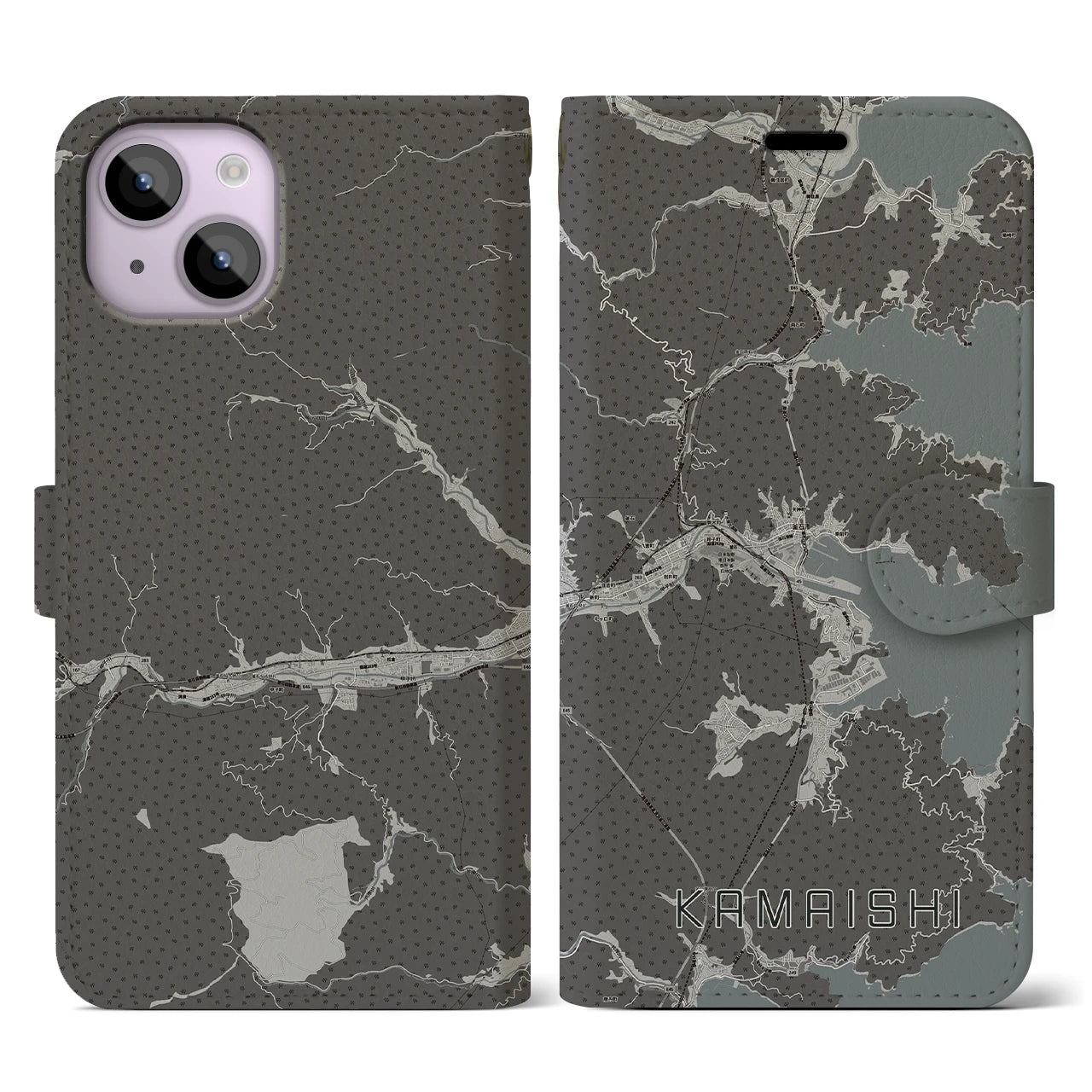 【釜石(岩手県)】地図柄iPhoneケース(手帳タイプ)モノトーン・iPhone 14 用
