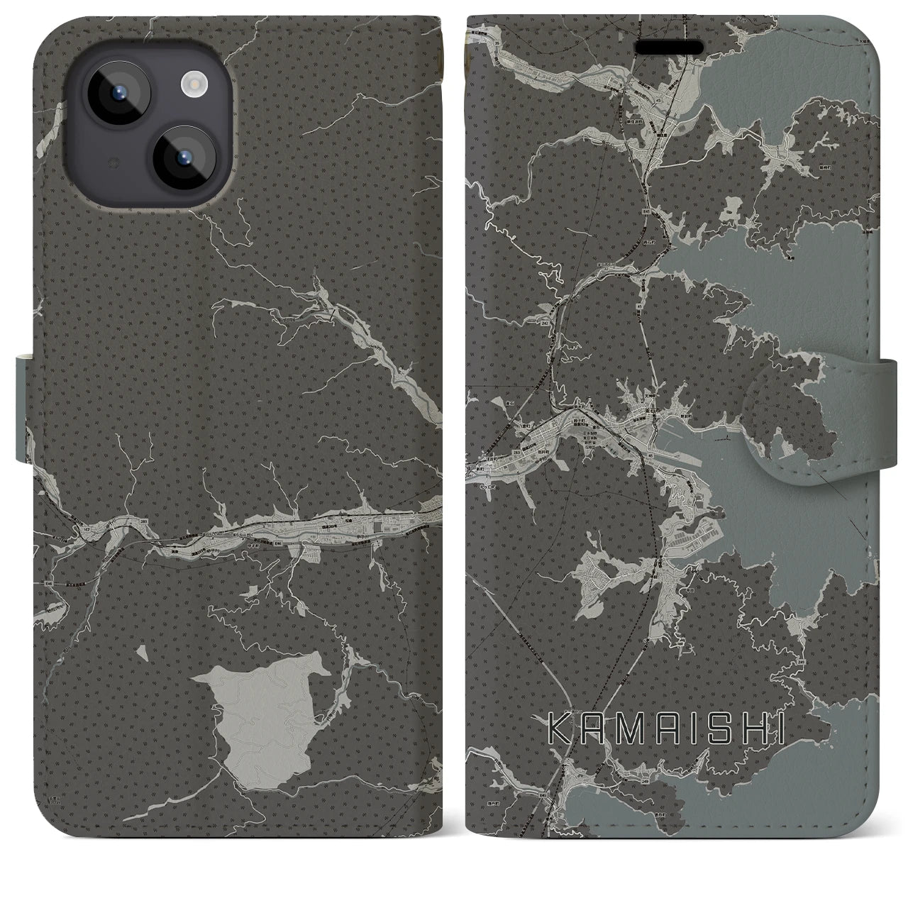 【釜石(岩手県)】地図柄iPhoneケース(手帳タイプ)モノトーン・iPhone 14 Plus 用