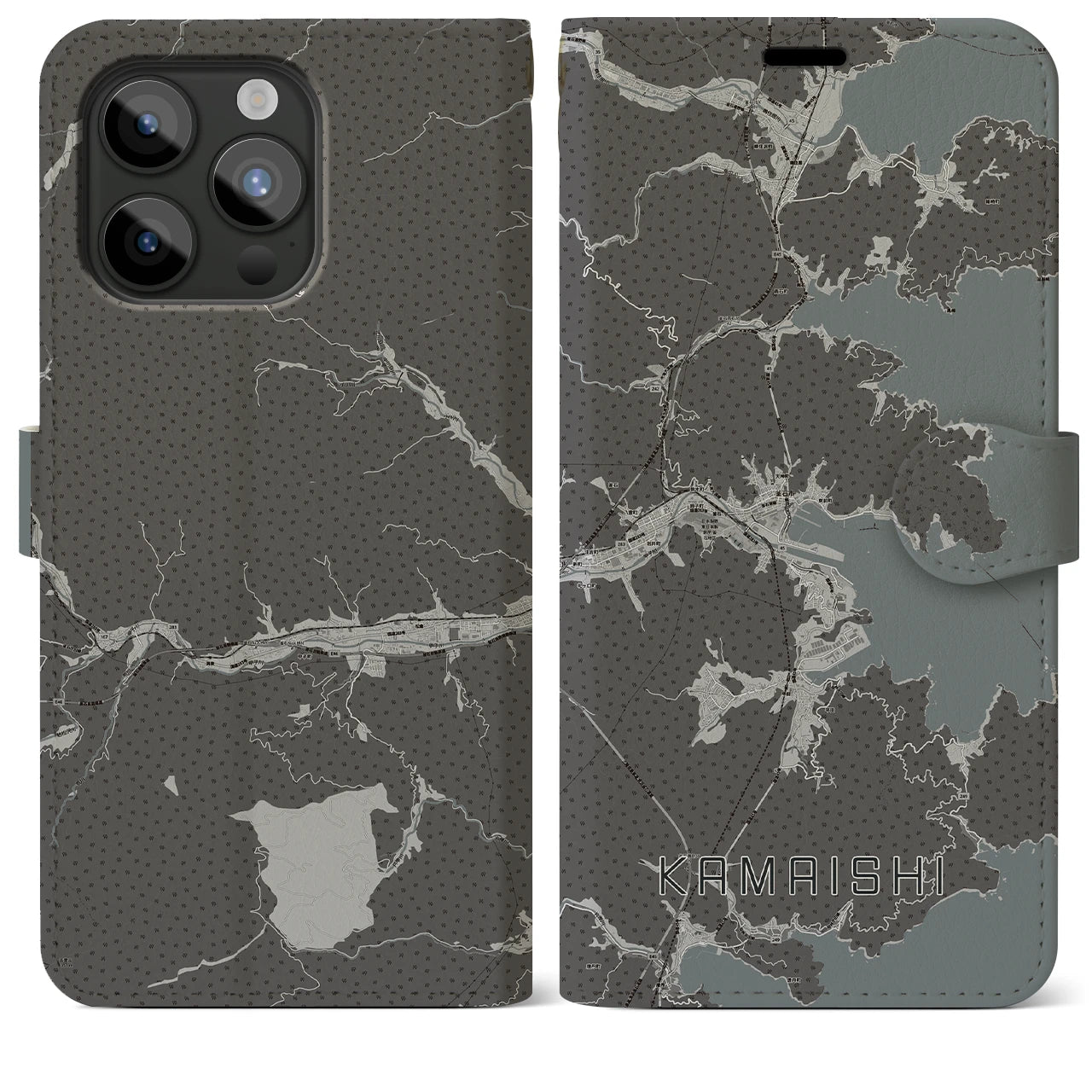 【釜石(岩手県)】地図柄iPhoneケース(手帳タイプ)モノトーン・iPhone 15 Pro Max 用