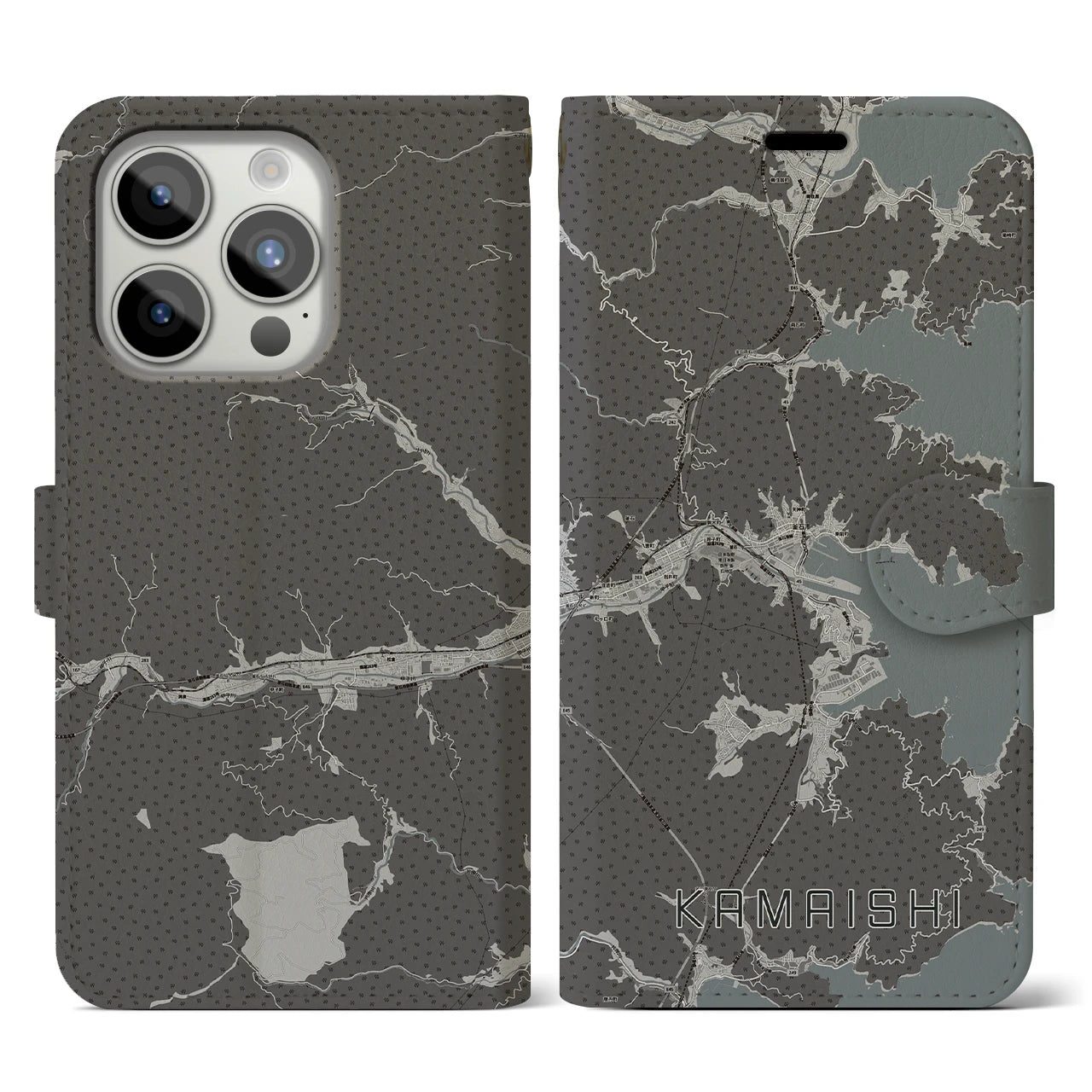 【釜石(岩手県)】地図柄iPhoneケース(手帳タイプ)モノトーン・iPhone 15 Pro 用