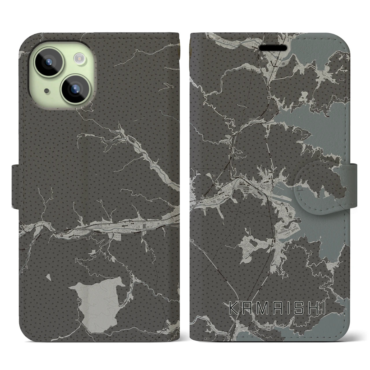 【釜石(岩手県)】地図柄iPhoneケース(手帳タイプ)モノトーン・iPhone 15 用