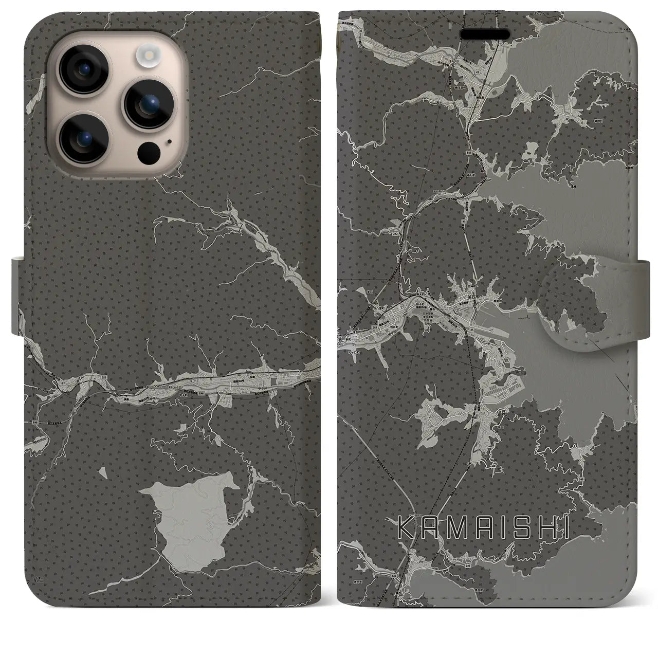 【釜石(岩手県)】地図柄iPhoneケース(手帳タイプ)モノトーン・iPhone 16 Plus 用