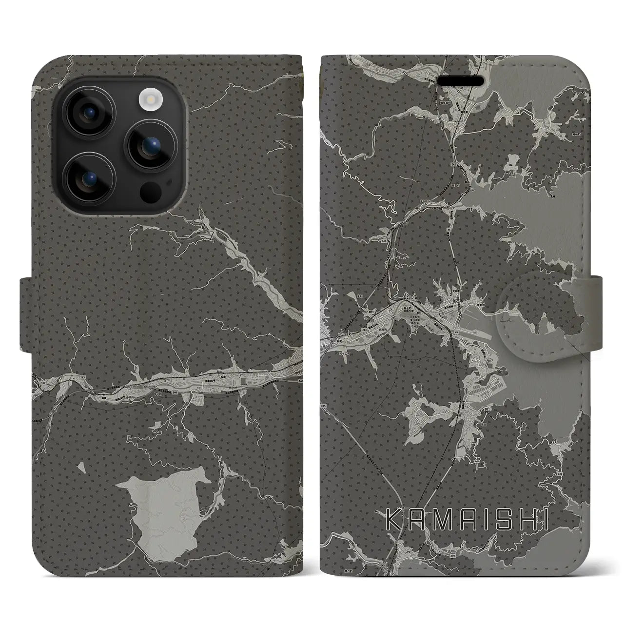 【釜石(岩手県)】地図柄iPhoneケース(手帳タイプ)モノトーン・iPhone 16 用