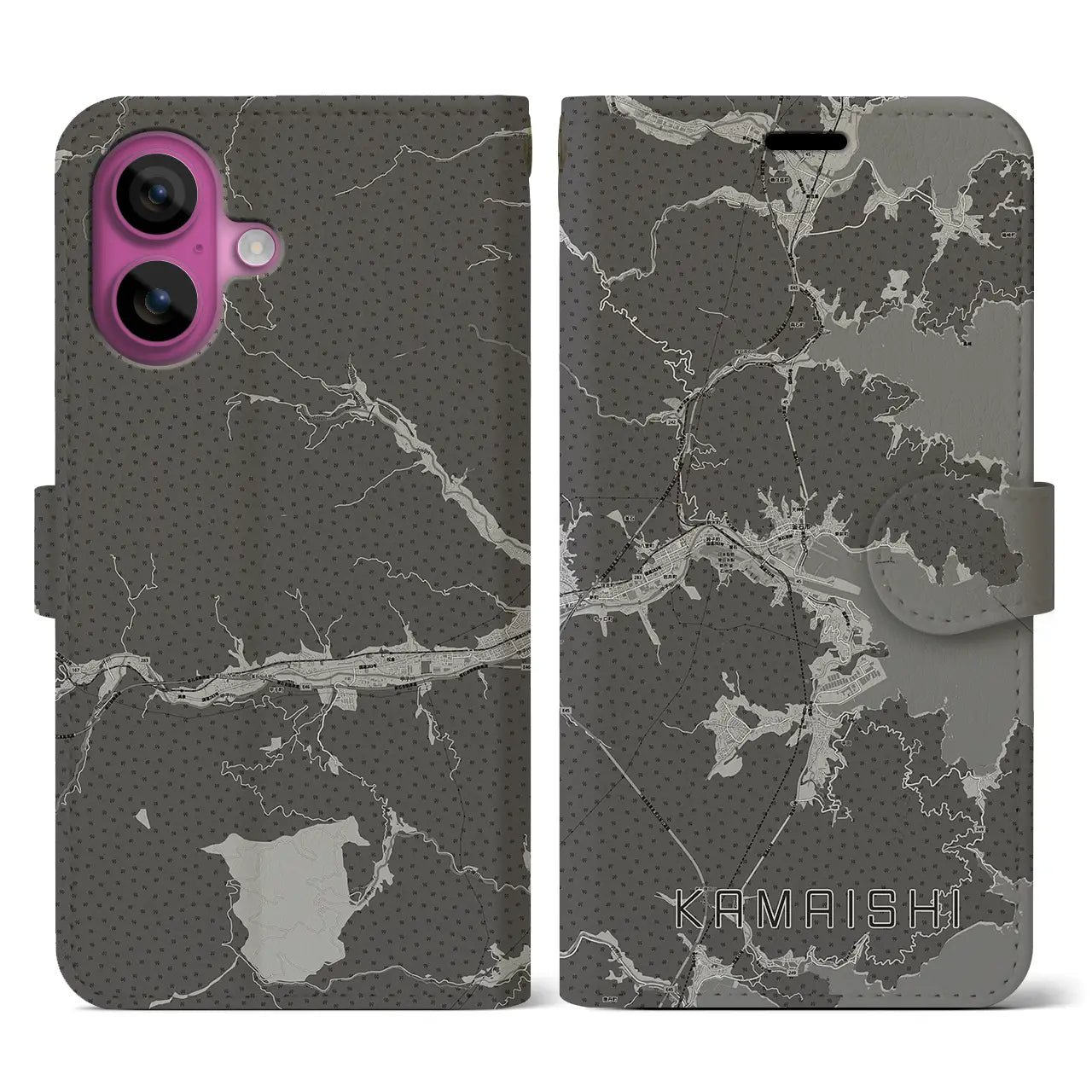【釜石(岩手県)】地図柄iPhoneケース(手帳タイプ)モノトーン・iPhone 16 Pro 用