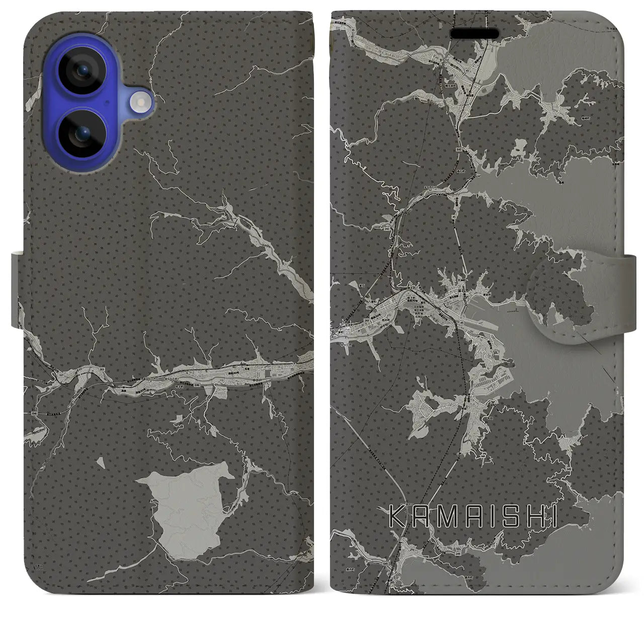 【釜石(岩手県)】地図柄iPhoneケース(手帳タイプ)モノトーン・iPhone 16 Pro Max 用