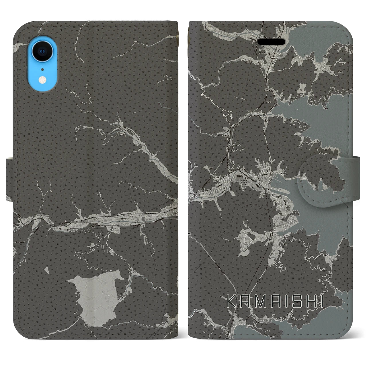 【釜石(岩手県)】地図柄iPhoneケース(手帳タイプ)モノトーン・iPhone XR 用