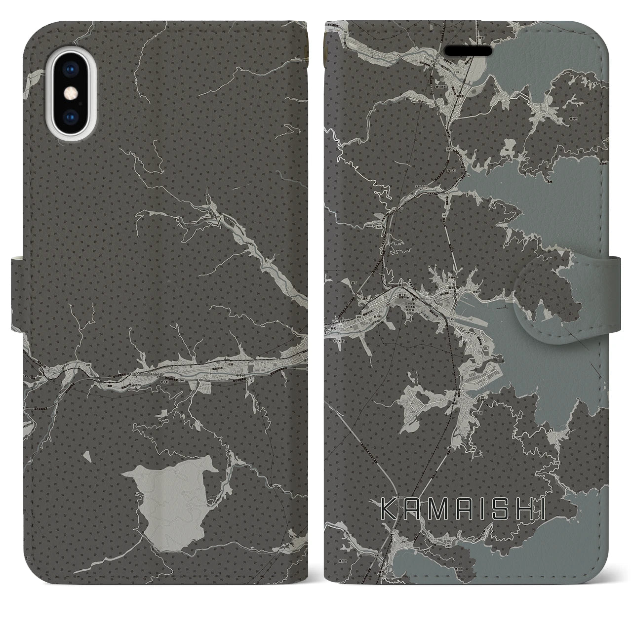 【釜石(岩手県)】地図柄iPhoneケース(手帳タイプ)モノトーン・iPhone XS Max 用
