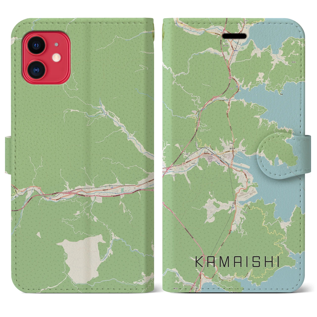【釜石(岩手県)】地図柄iPhoneケース(手帳タイプ)ナチュラル・iPhone 11 用