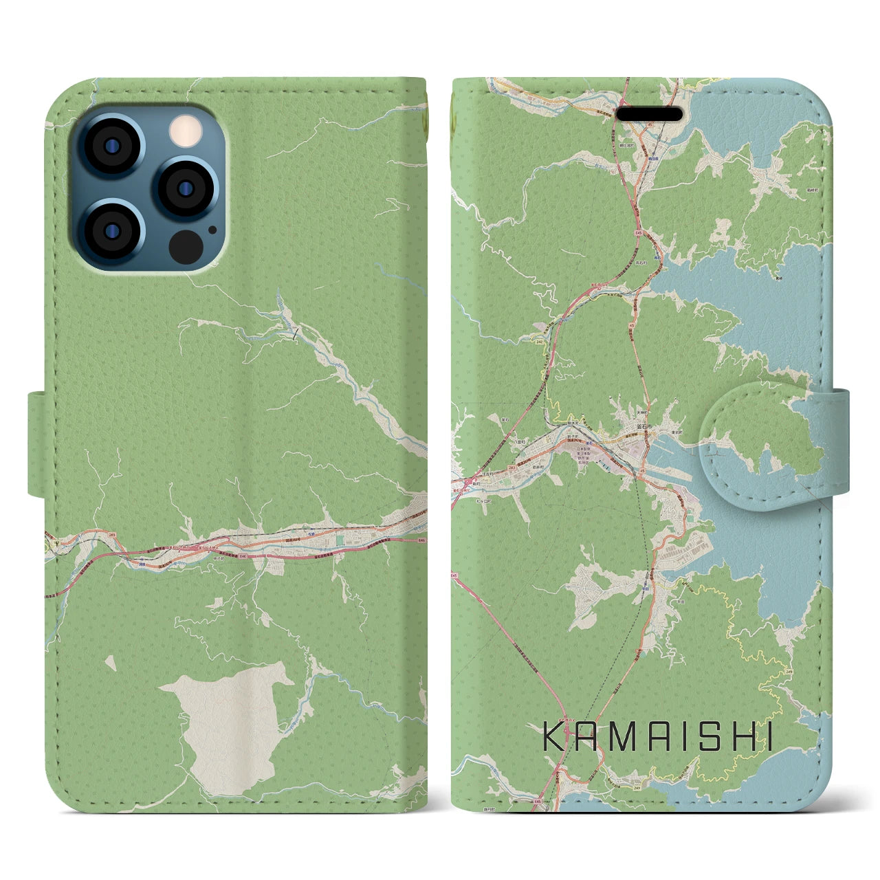 【釜石(岩手県)】地図柄iPhoneケース(手帳タイプ)ナチュラル・iPhone 12 / 12 Pro 用