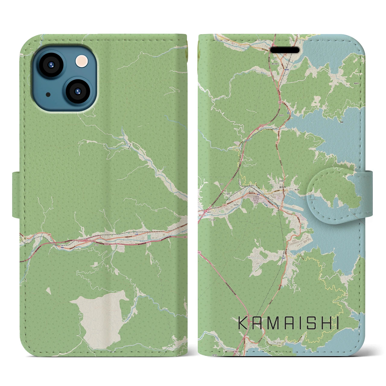 【釜石(岩手県)】地図柄iPhoneケース(手帳タイプ)ナチュラル・iPhone 13 用