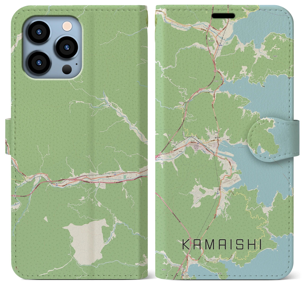 【釜石(岩手県)】地図柄iPhoneケース(手帳タイプ)ナチュラル・iPhone 13 Pro Max 用