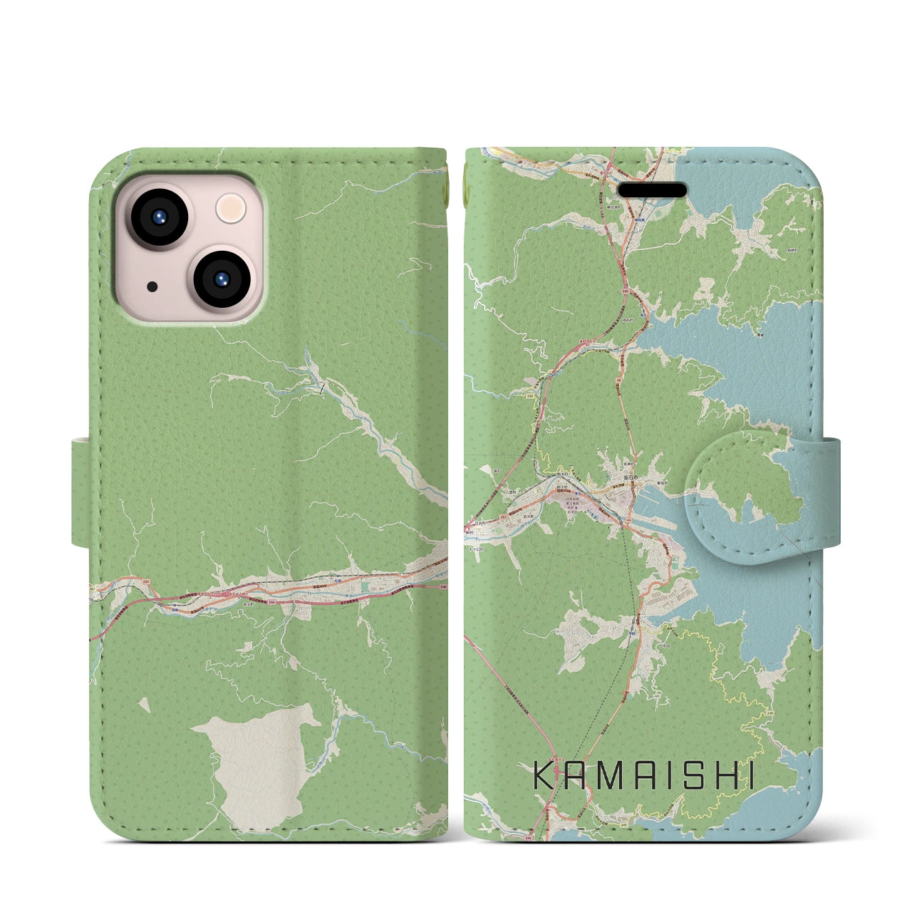 【釜石(岩手県)】地図柄iPhoneケース(手帳タイプ)ナチュラル・iPhone 13 mini 用
