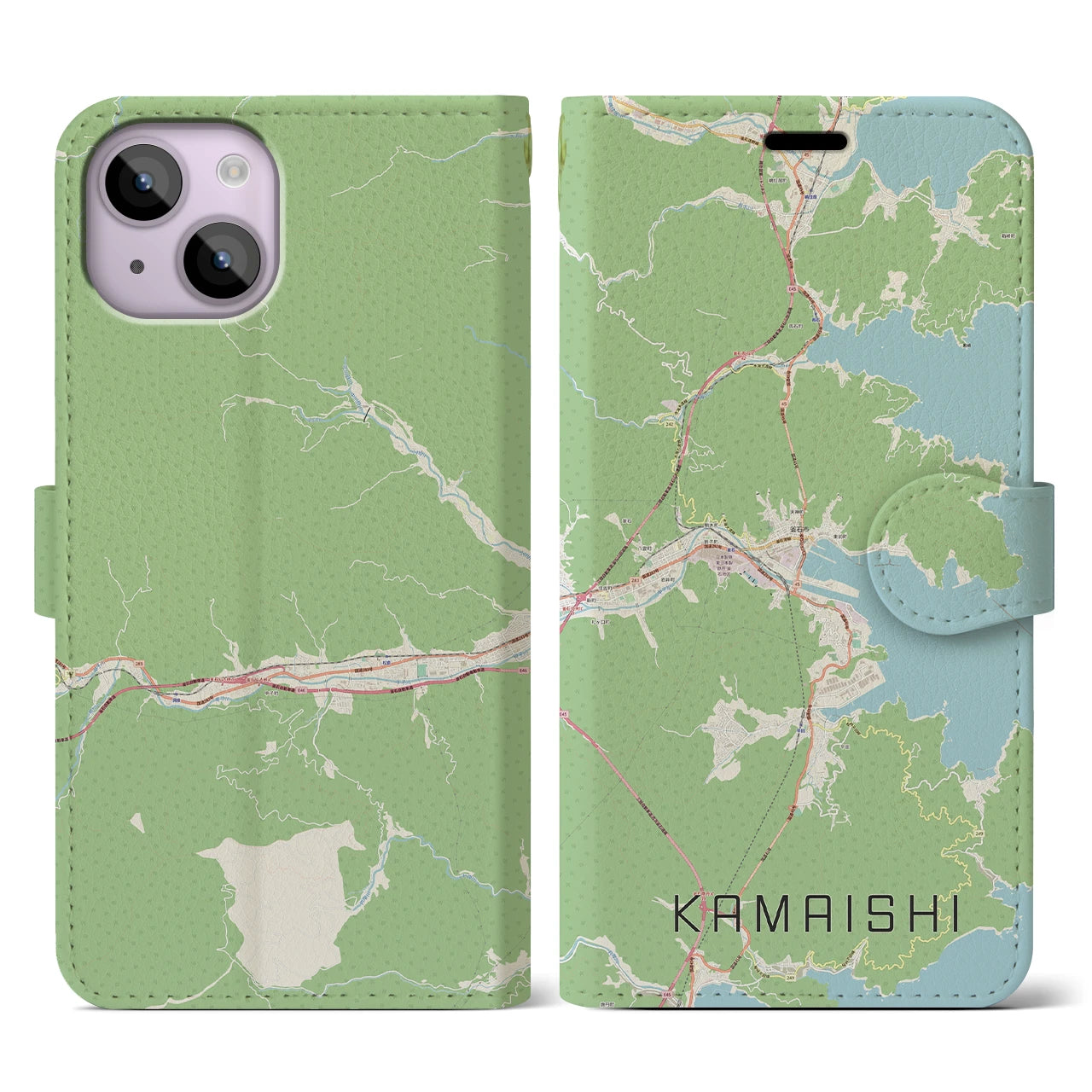 【釜石(岩手県)】地図柄iPhoneケース(手帳タイプ)ナチュラル・iPhone 14 用