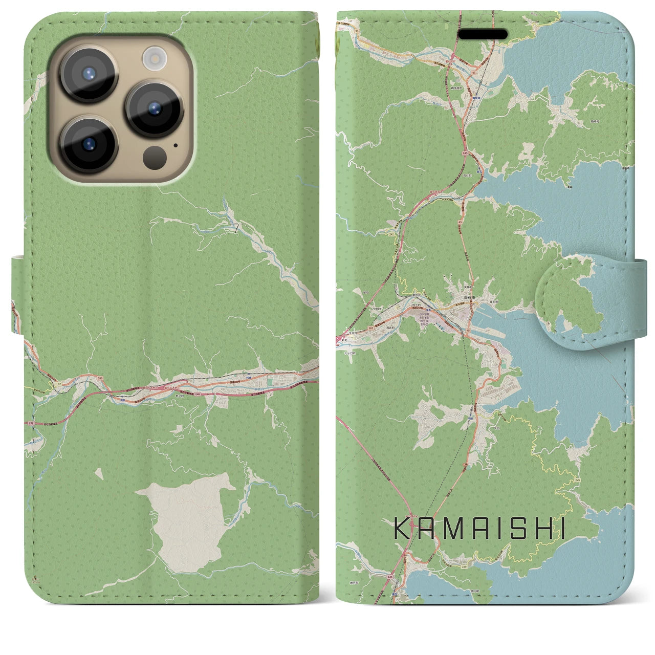 【釜石(岩手県)】地図柄iPhoneケース(手帳タイプ)ナチュラル・iPhone 14 Pro Max 用
