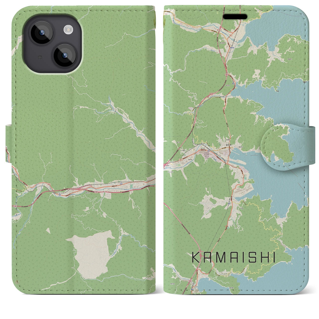 【釜石(岩手県)】地図柄iPhoneケース(手帳タイプ)ナチュラル・iPhone 14 Plus 用