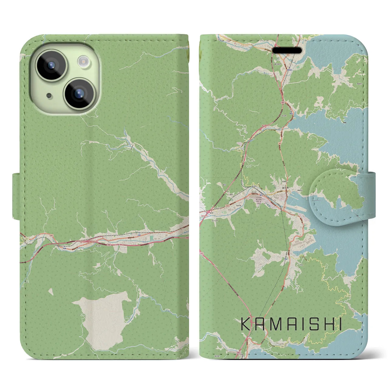 【釜石(岩手県)】地図柄iPhoneケース(手帳タイプ)ナチュラル・iPhone 15 用