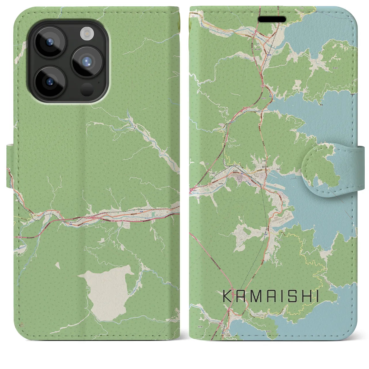 【釜石(岩手県)】地図柄iPhoneケース(手帳タイプ)ナチュラル・iPhone 15 Pro Max 用