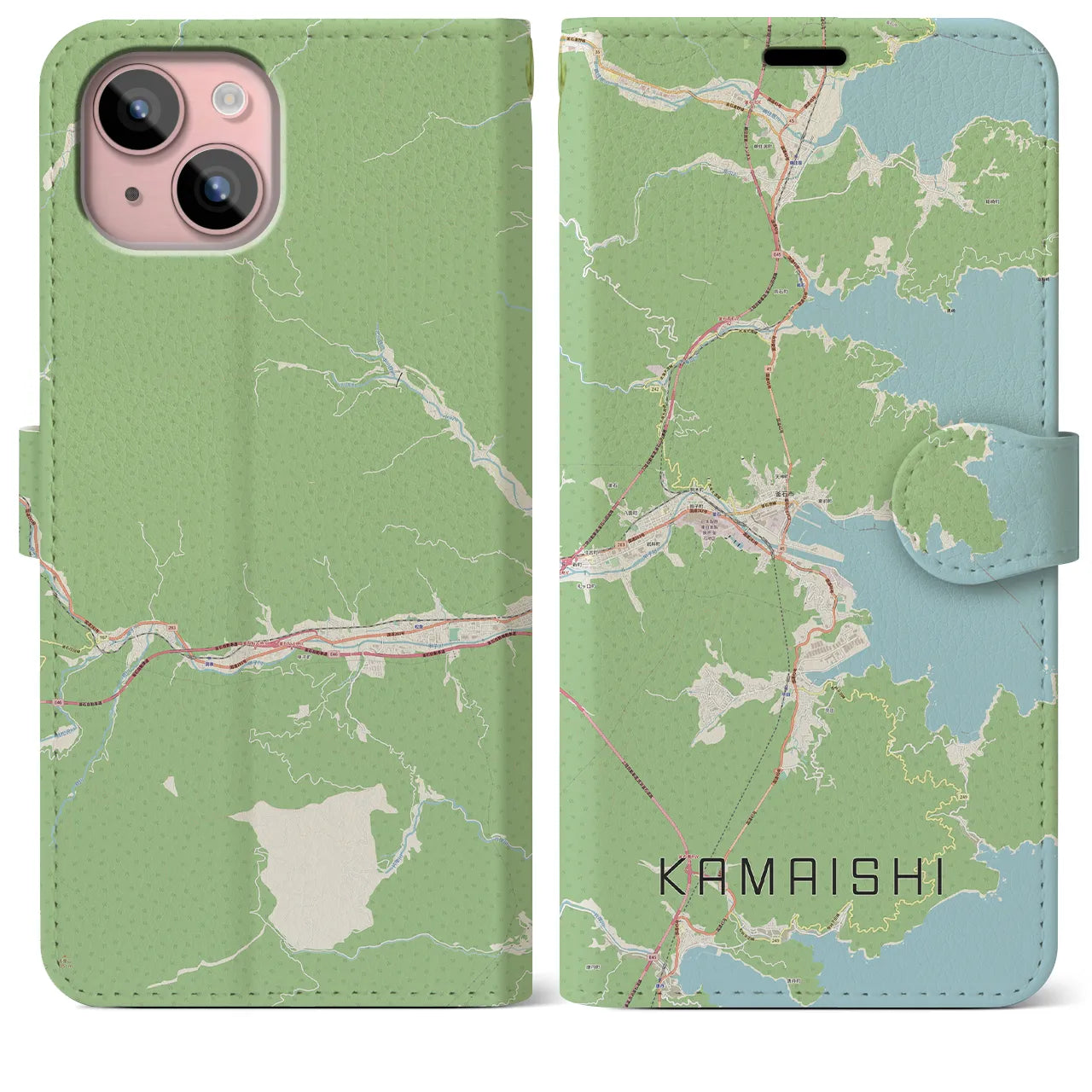 【釜石(岩手県)】地図柄iPhoneケース(手帳タイプ)ナチュラル・iPhone 15 Plus 用