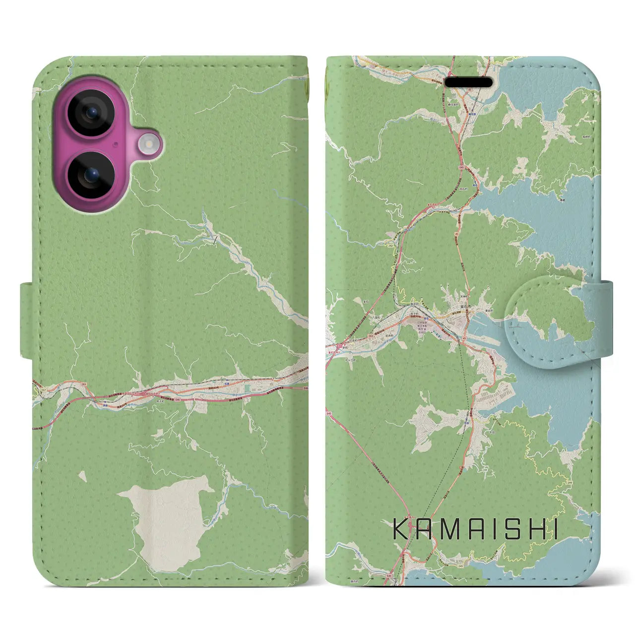 【釜石(岩手県)】地図柄iPhoneケース(手帳タイプ)ナチュラル・iPhone 16 Pro 用