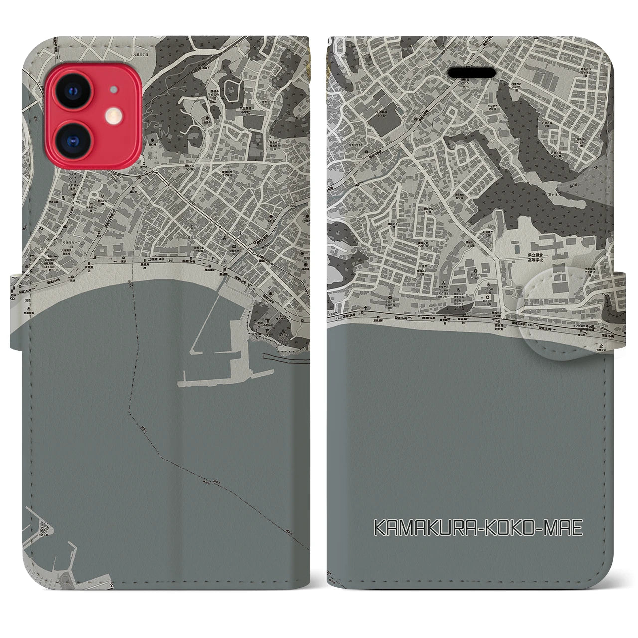 【鎌倉高校前(神奈川県)】地図柄iPhoneケース(手帳タイプ)モノトーン・iPhone 11 用