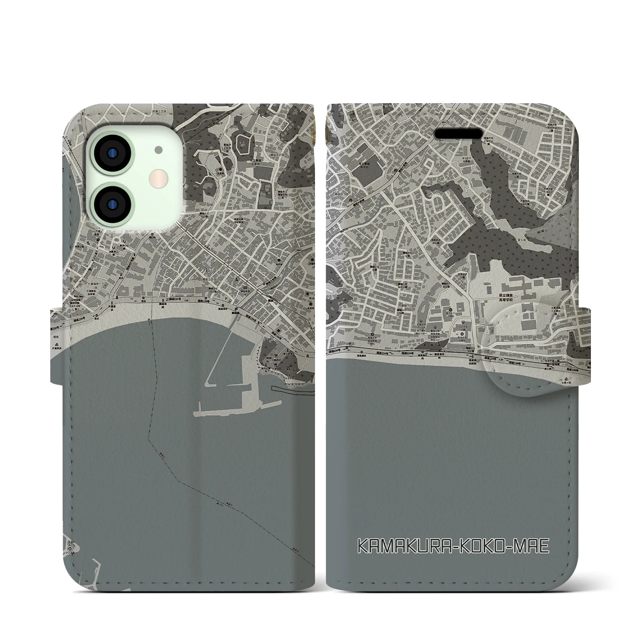 【鎌倉高校前(神奈川県)】地図柄iPhoneケース(手帳タイプ)モノトーン・iPhone 12 mini 用