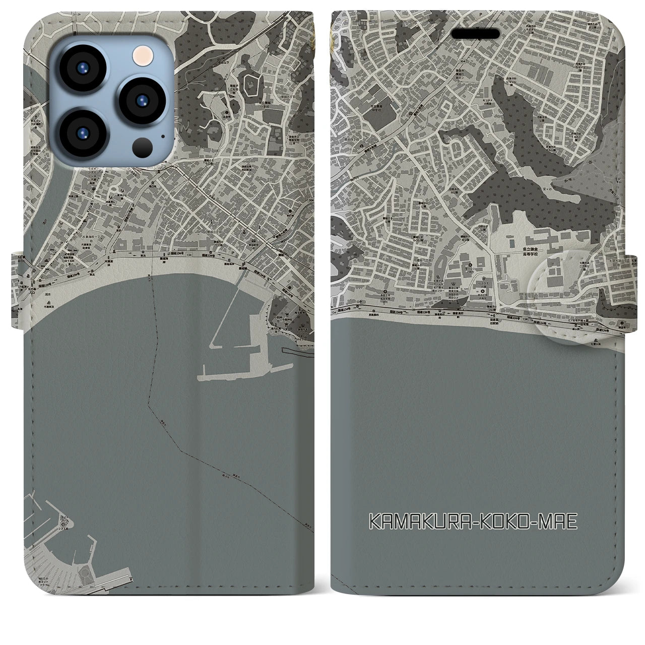 【鎌倉高校前(神奈川県)】地図柄iPhoneケース(手帳タイプ)モノトーン・iPhone 13 Pro Max 用