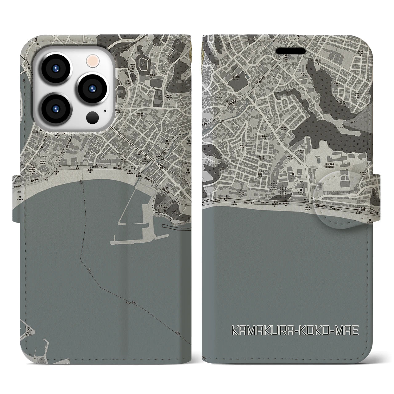 【鎌倉高校前(神奈川県)】地図柄iPhoneケース(手帳タイプ)モノトーン・iPhone 13 Pro 用