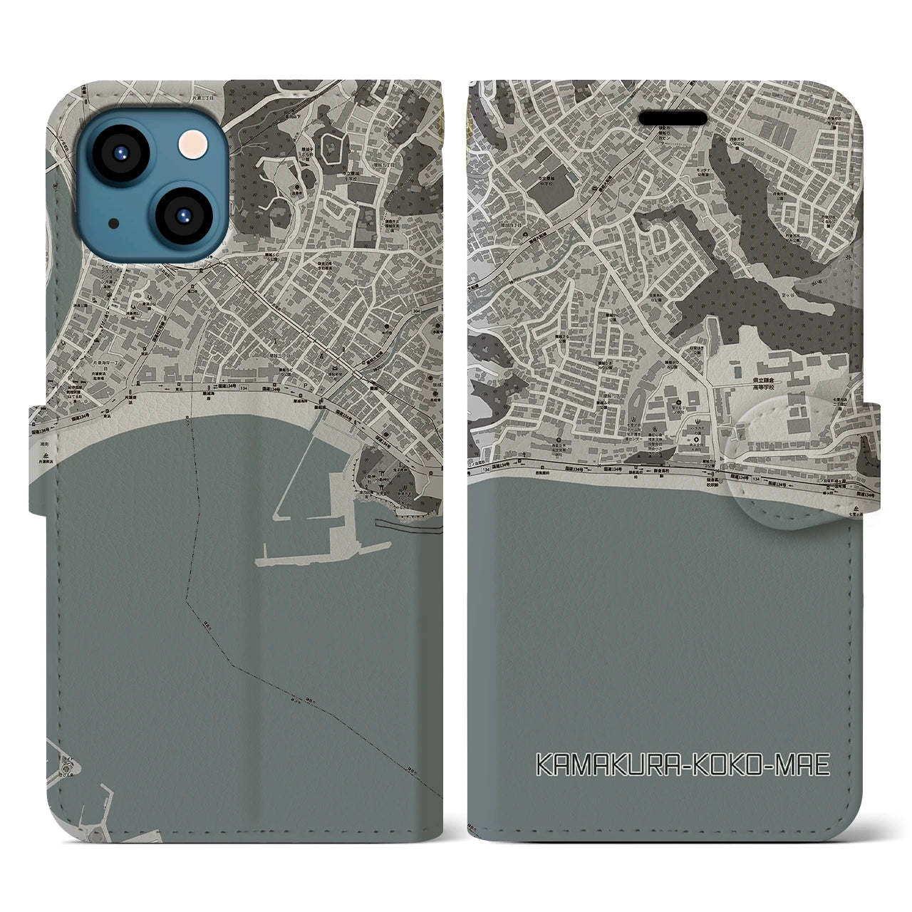【鎌倉高校前(神奈川県)】地図柄iPhoneケース(手帳タイプ)モノトーン・iPhone 13 用