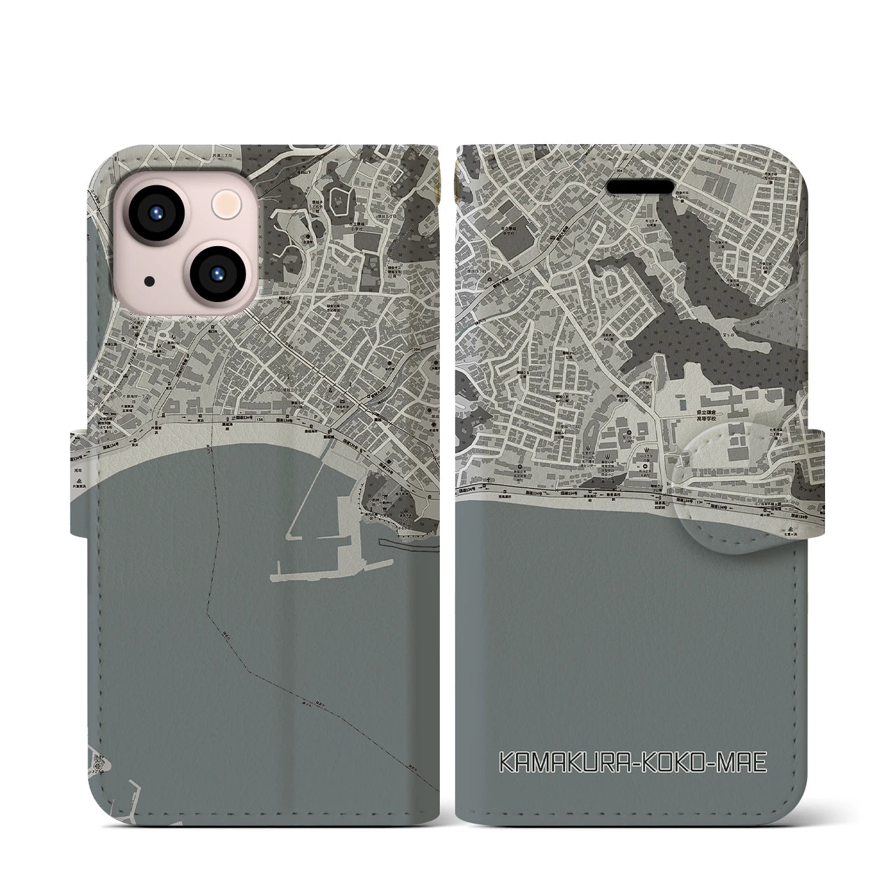 【鎌倉高校前(神奈川県)】地図柄iPhoneケース(手帳タイプ)モノトーン・iPhone 13 mini 用