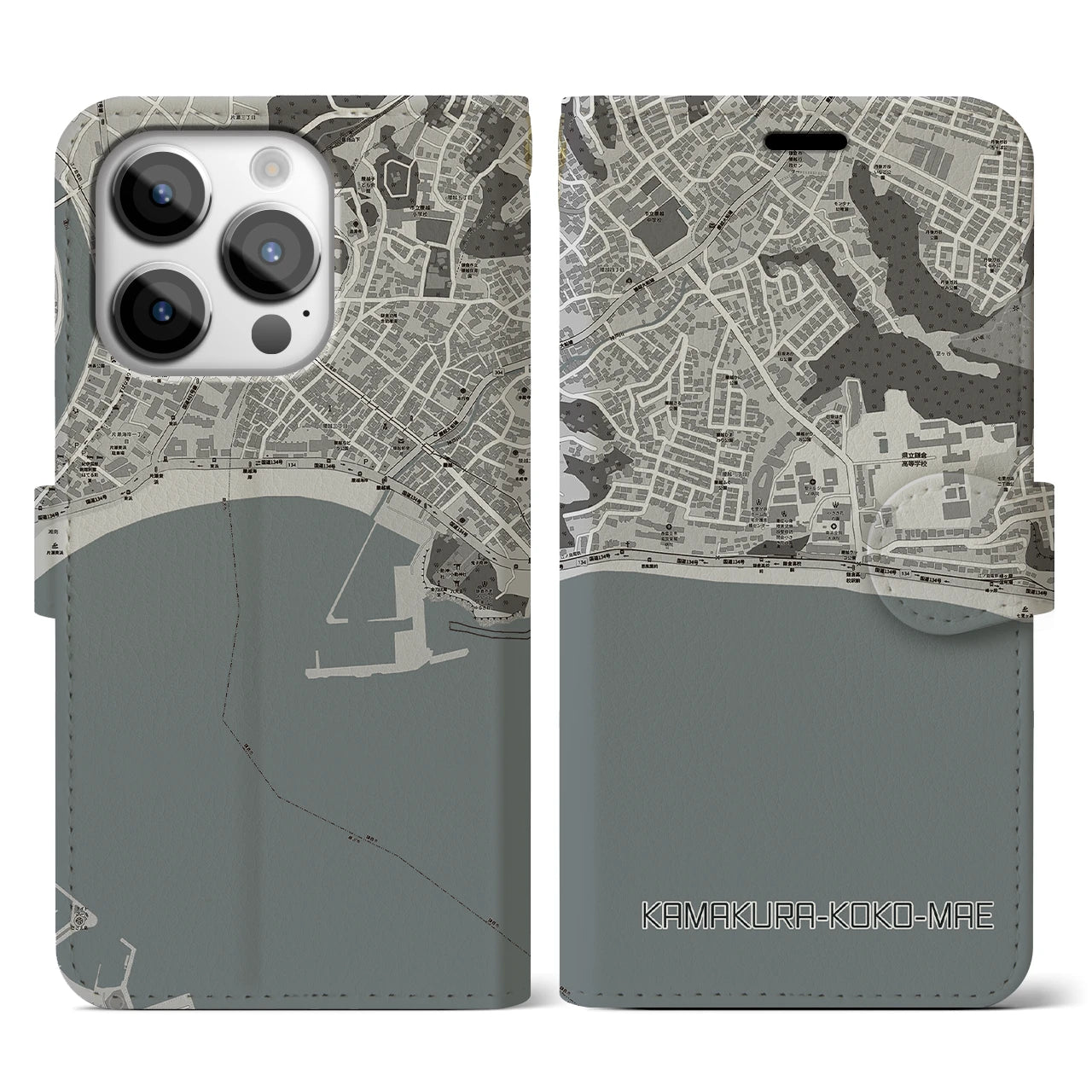 【鎌倉高校前(神奈川県)】地図柄iPhoneケース(手帳タイプ)モノトーン・iPhone 14 Pro 用