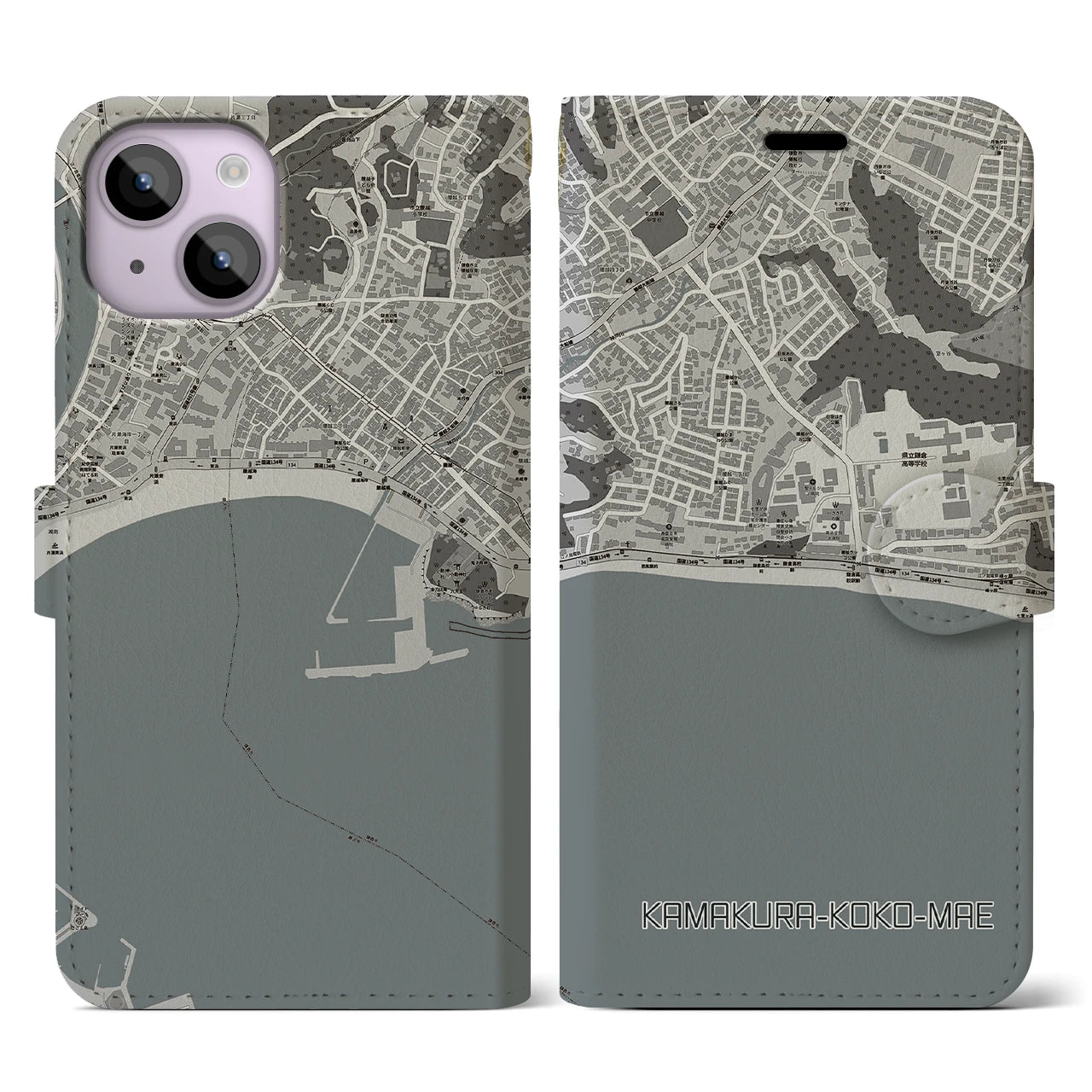 【鎌倉高校前(神奈川県)】地図柄iPhoneケース(手帳タイプ)モノトーン・iPhone 14 用