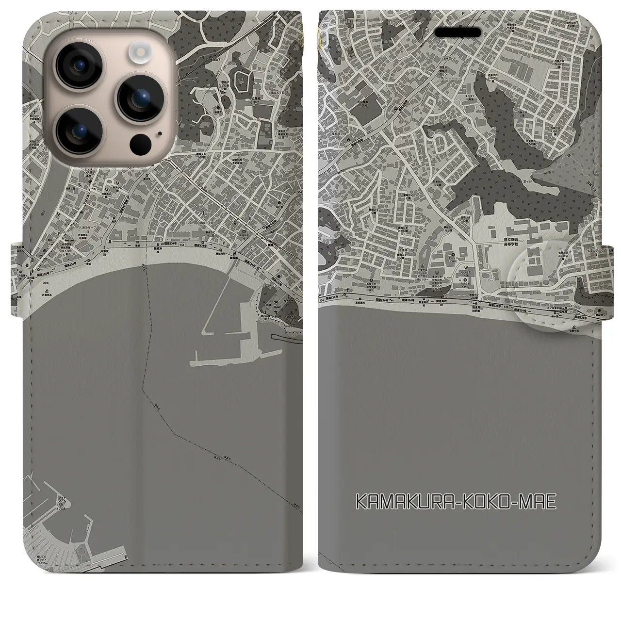 【鎌倉高校前(神奈川県)】地図柄iPhoneケース(手帳タイプ)モノトーン・iPhone 16 Plus 用