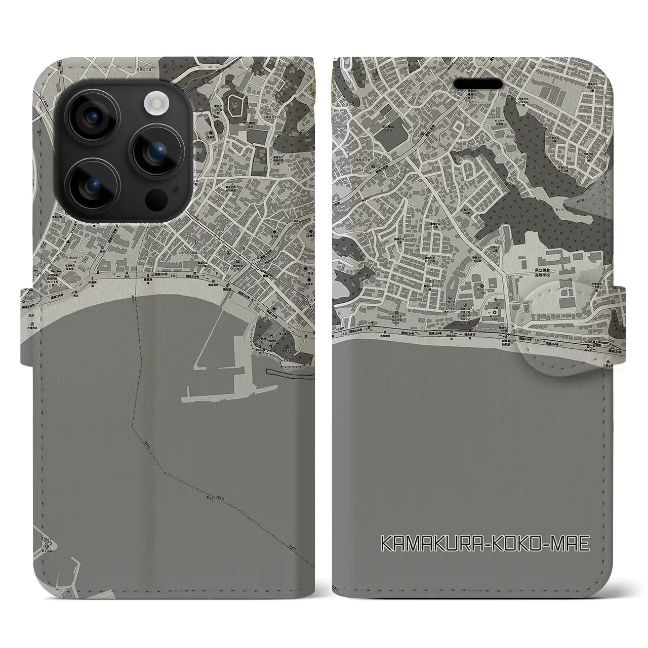 【鎌倉高校前(神奈川県)】地図柄iPhoneケース(手帳タイプ)モノトーン・iPhone 16 用