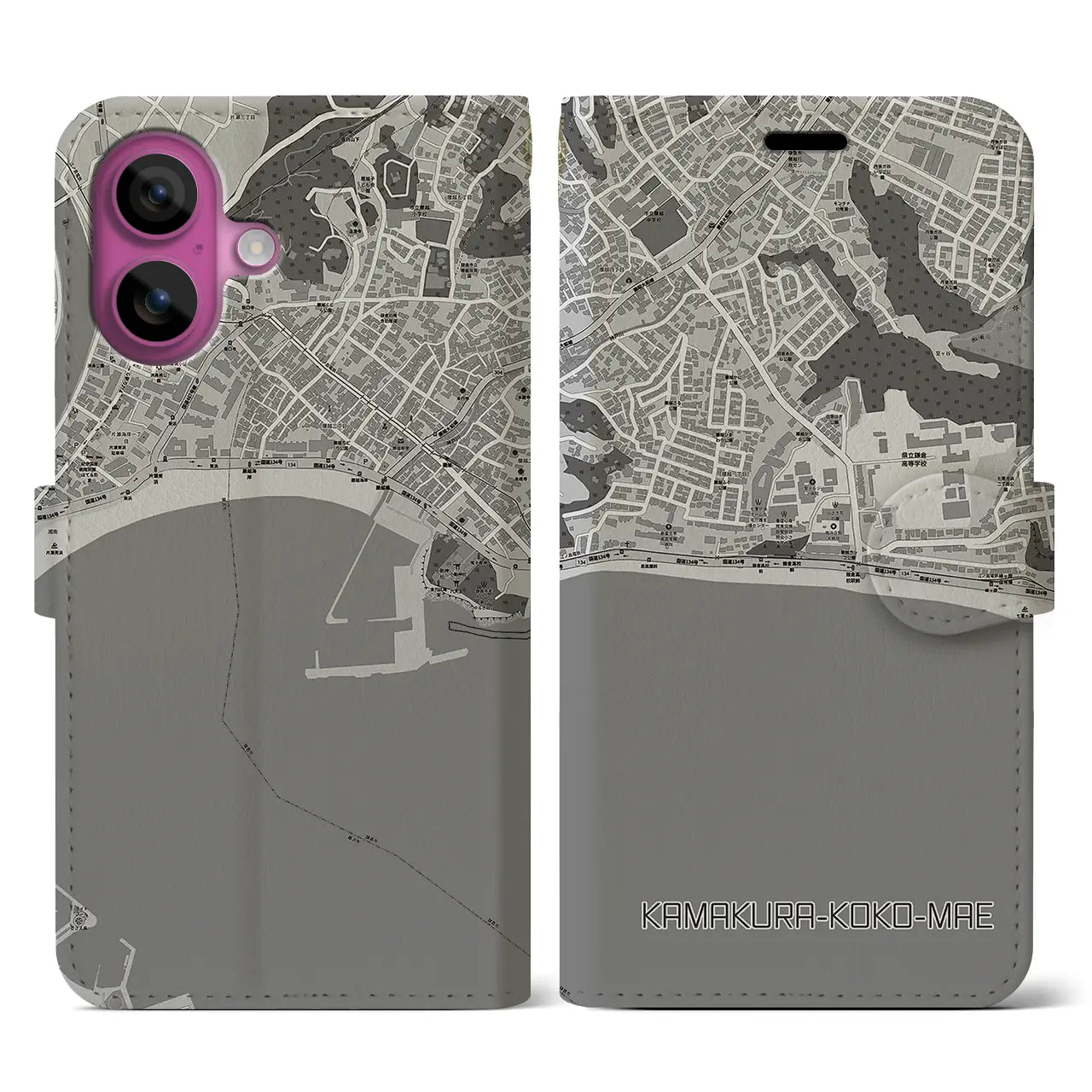 【鎌倉高校前(神奈川県)】地図柄iPhoneケース(手帳タイプ)モノトーン・iPhone 16 Pro 用