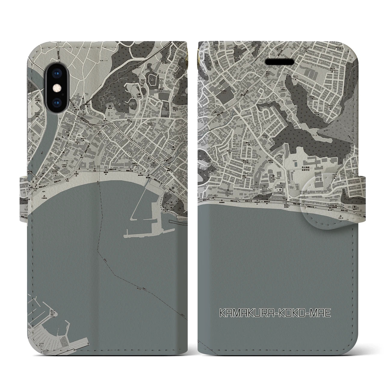 【鎌倉高校前(神奈川県)】地図柄iPhoneケース(手帳タイプ)モノトーン・iPhone XS / X 用
