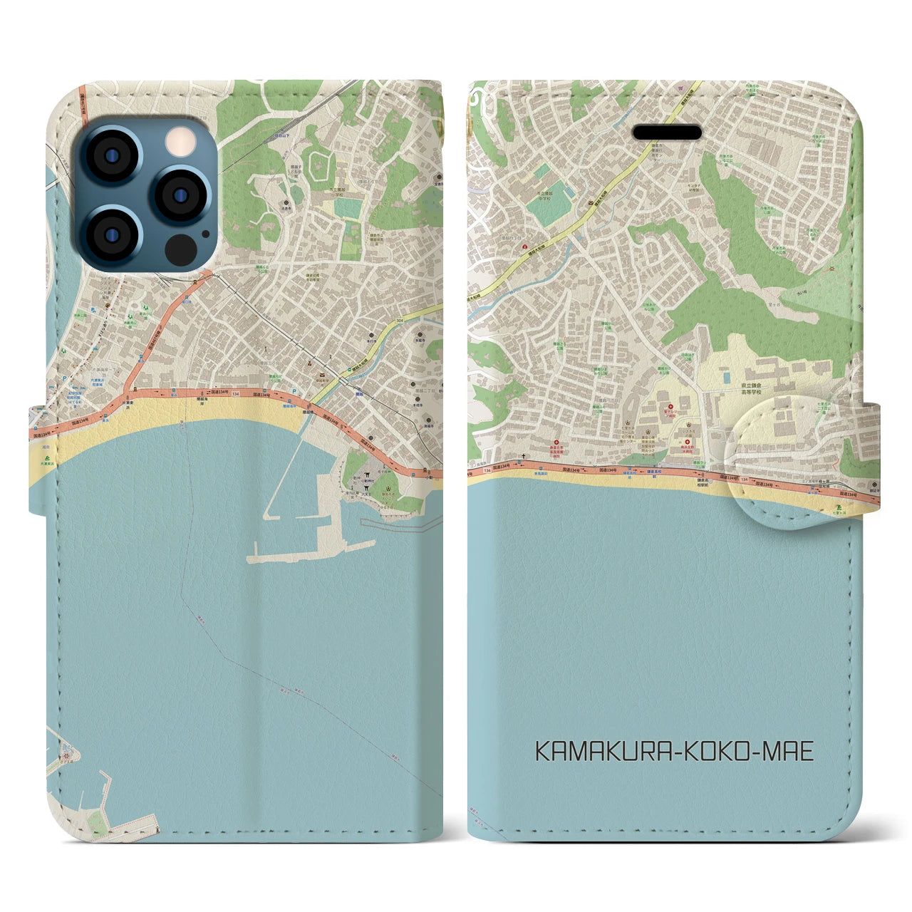 【鎌倉高校前(神奈川県)】地図柄iPhoneケース(手帳タイプ)ナチュラル・iPhone 12 / 12 Pro 用