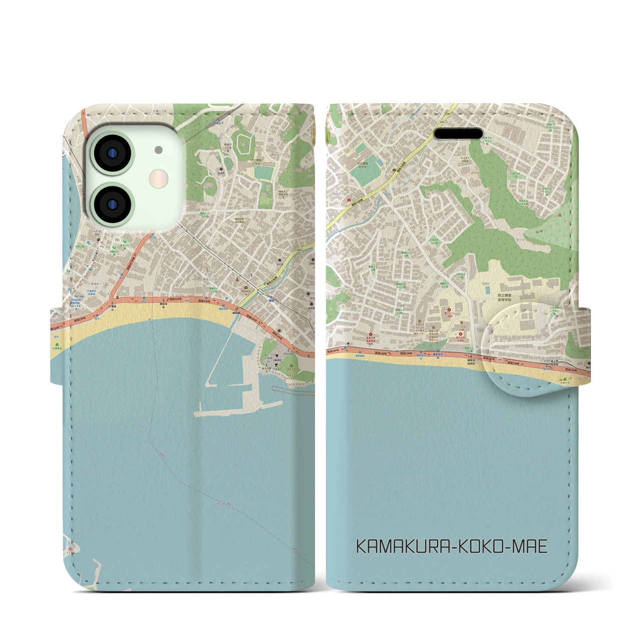 【鎌倉高校前(神奈川県)】地図柄iPhoneケース(手帳タイプ)ナチュラル・iPhone 12 mini 用