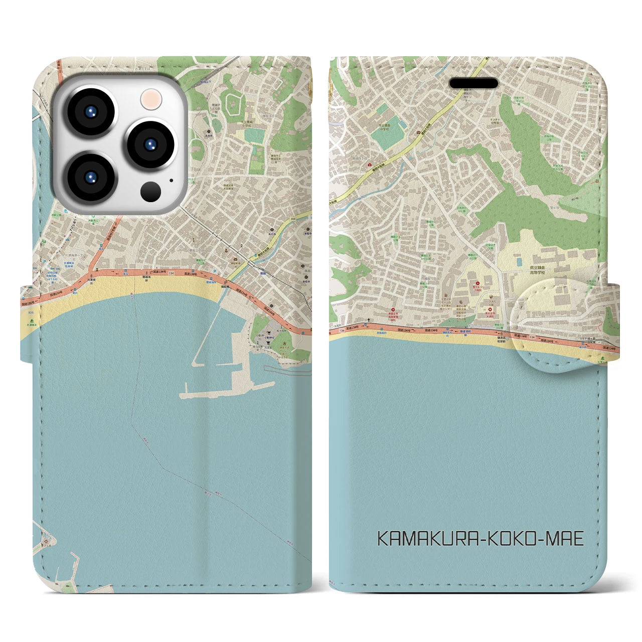 【鎌倉高校前(神奈川県)】地図柄iPhoneケース(手帳タイプ)ナチュラル・iPhone 13 Pro 用