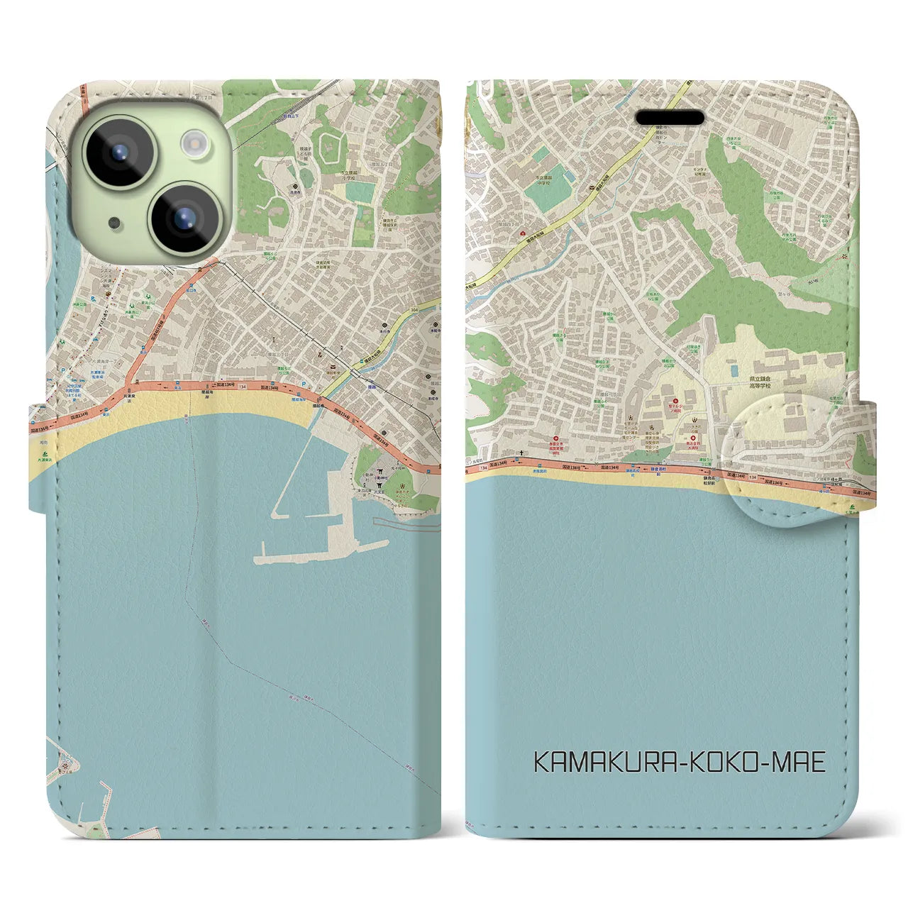 【鎌倉高校前(神奈川県)】地図柄iPhoneケース(手帳タイプ)ナチュラル・iPhone 15 用