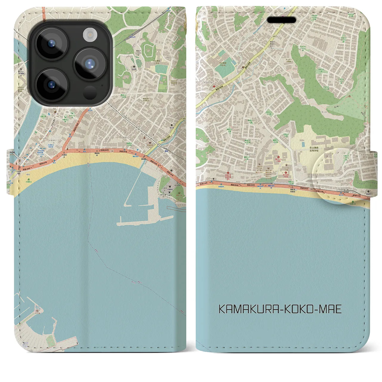 【鎌倉高校前(神奈川県)】地図柄iPhoneケース(手帳タイプ)ナチュラル・iPhone 15 Pro Max 用