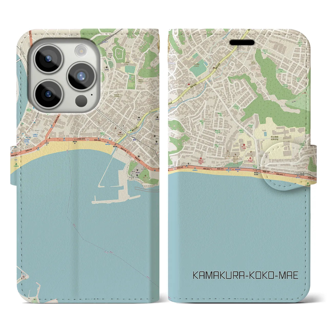 【鎌倉高校前(神奈川県)】地図柄iPhoneケース(手帳タイプ)ナチュラル・iPhone 15 Pro 用