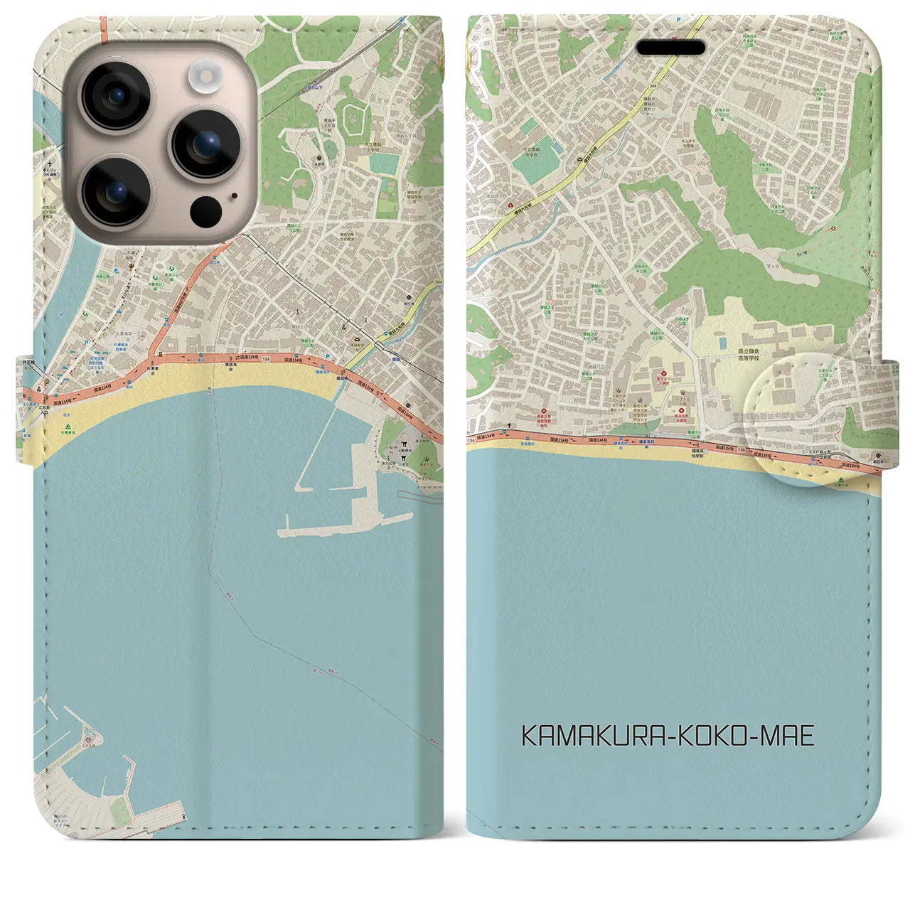 【鎌倉高校前(神奈川県)】地図柄iPhoneケース(手帳タイプ)ナチュラル・iPhone 16 Plus 用