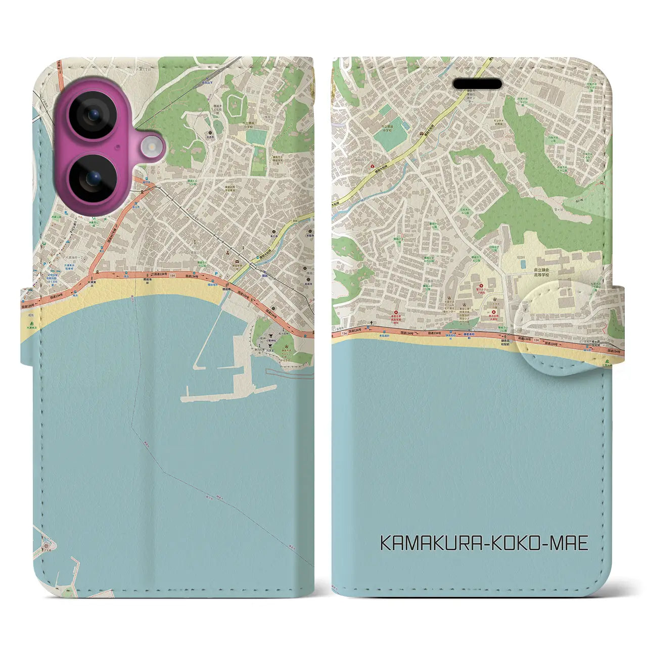 【鎌倉高校前(神奈川県)】地図柄iPhoneケース(手帳タイプ)ナチュラル・iPhone 16 Pro 用