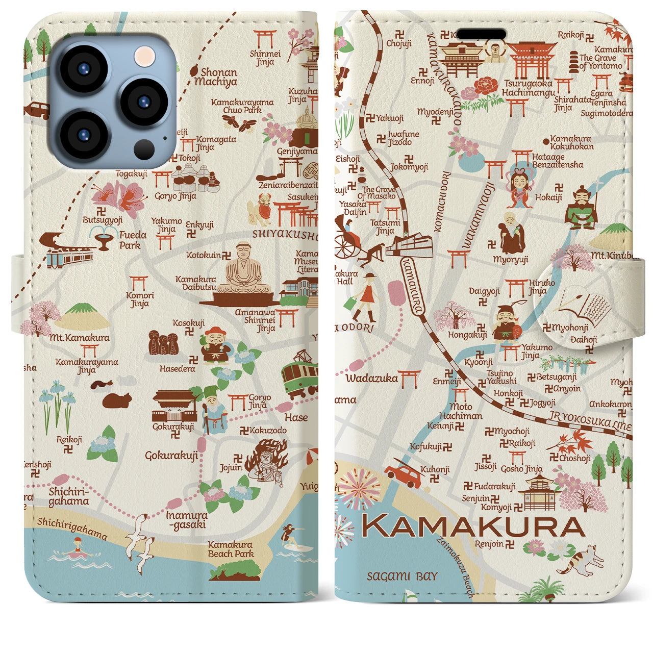 【鎌倉(イラスト)】イラストマップiPhoneケース(手帳タイプ)ブライト・iPhone 13 Pro Max 用