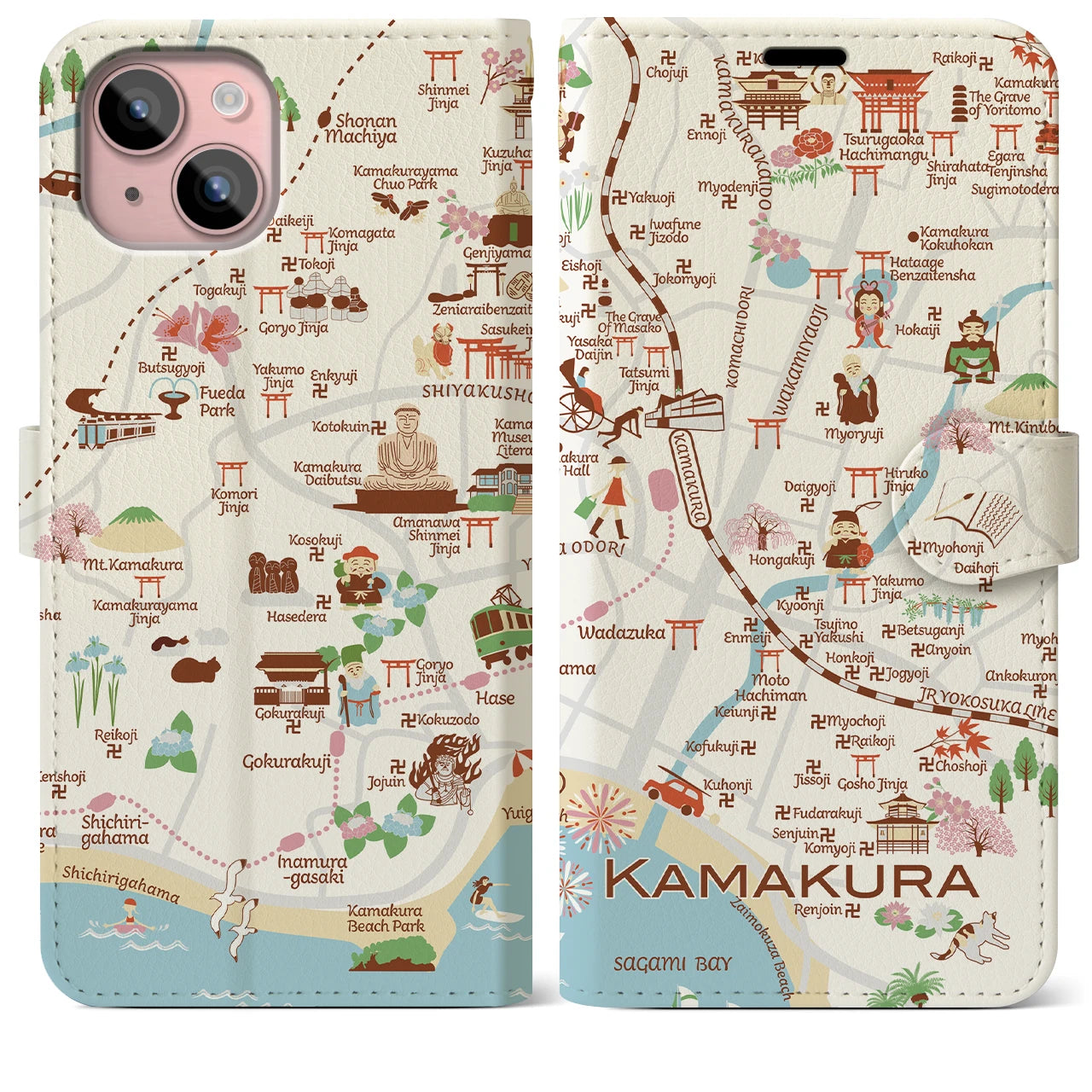【鎌倉(イラスト)】イラストマップiPhoneケース(手帳タイプ)ブライト・iPhone 15 Plus 用