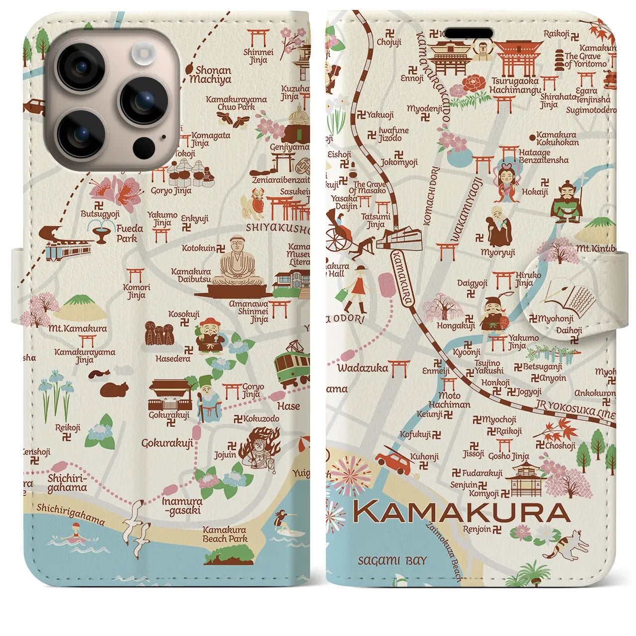 【鎌倉(イラスト)】イラストマップiPhoneケース(手帳タイプ)ブライト・iPhone 16 Plus 用