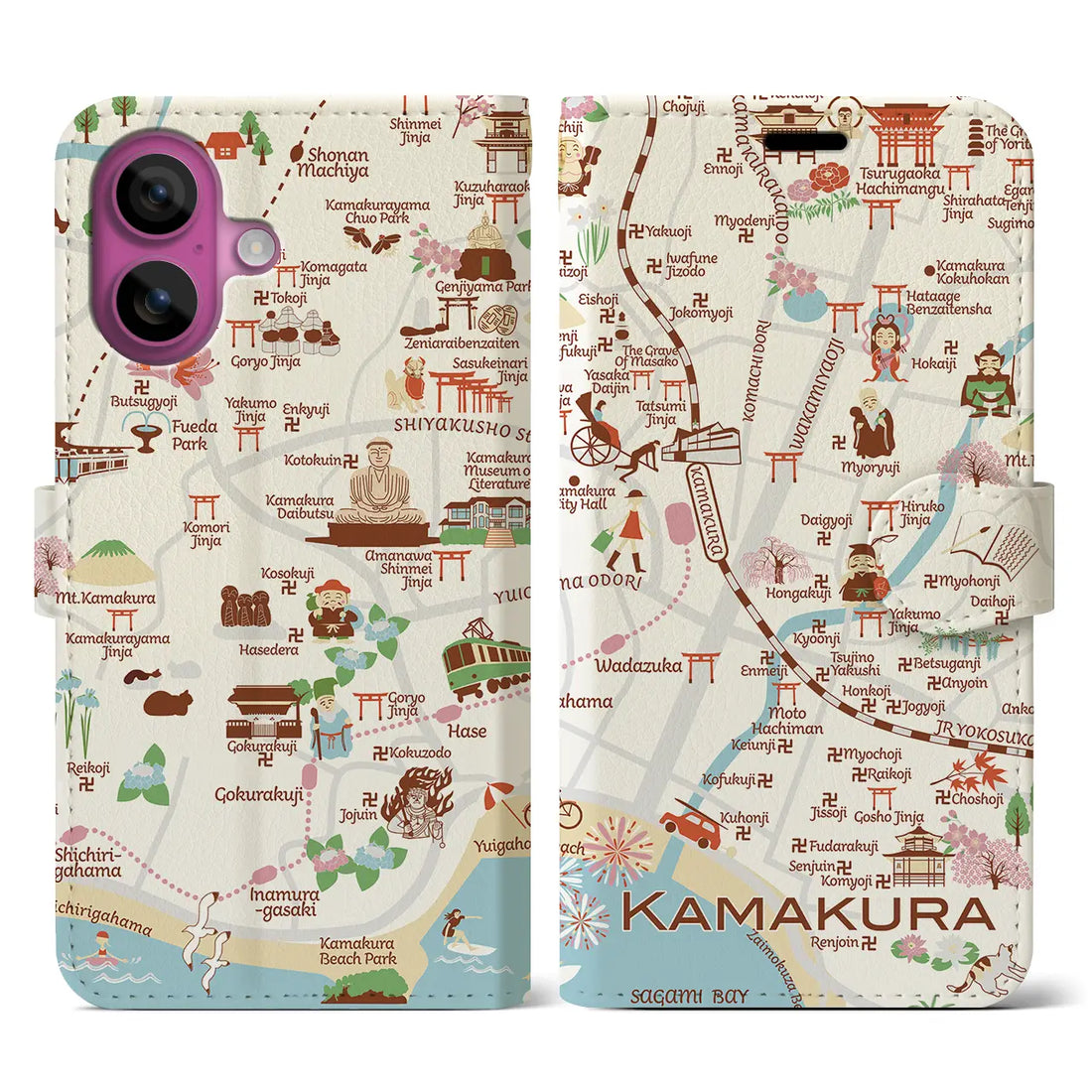 【鎌倉(イラスト)】イラストマップiPhoneケース(手帳タイプ)ブライト・iPhone 16 Pro 用